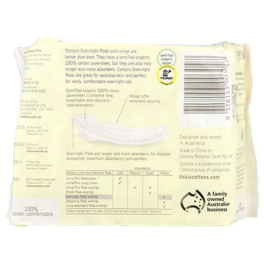 Cottons Organic Super Overnight Pads with Wings - 10 Packs