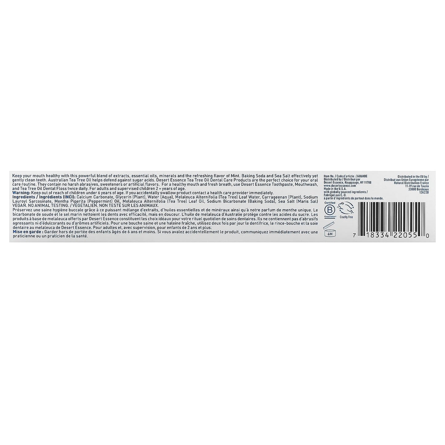 DESERT ESSENCE TEA TREE OIL MINT Fluoride-free Toothpaste 176G