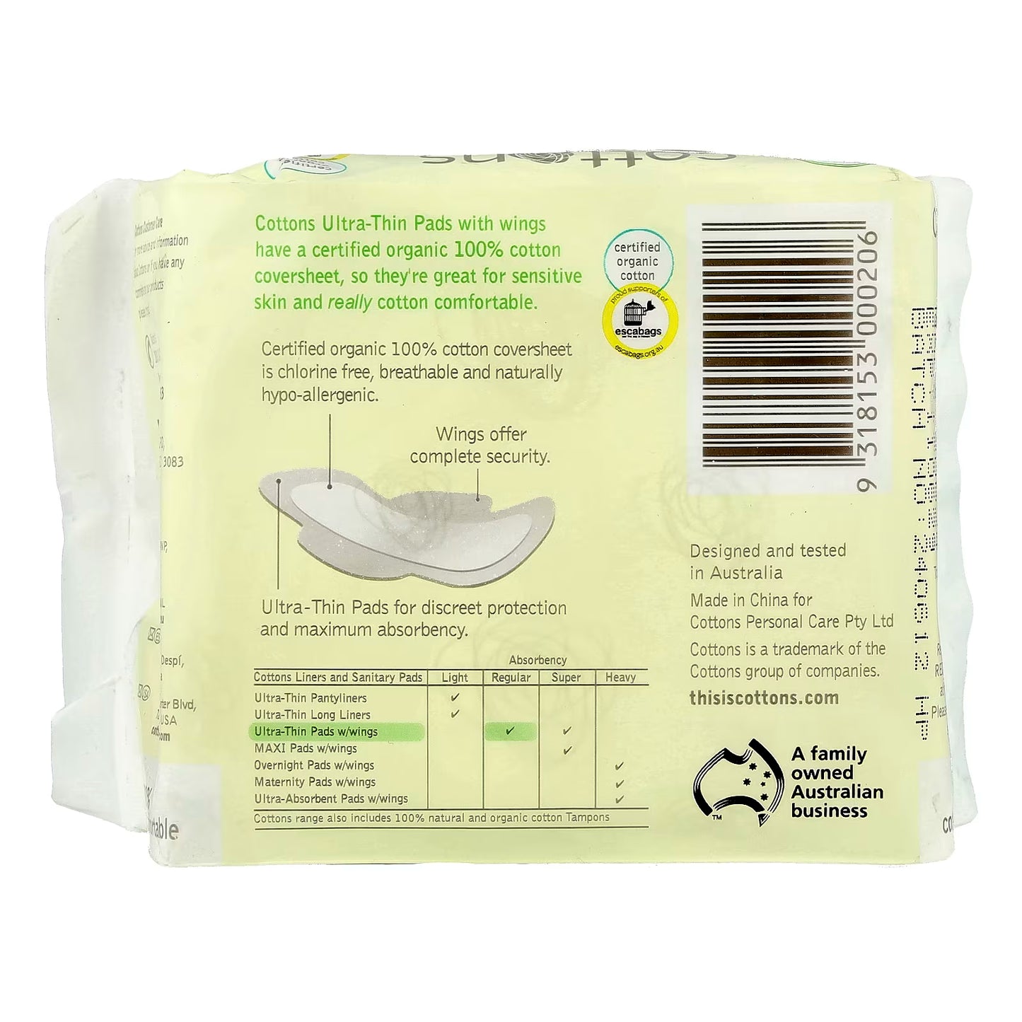 Cottons Organic Regular Ultra Thin Pads with Wings - 14 Pads