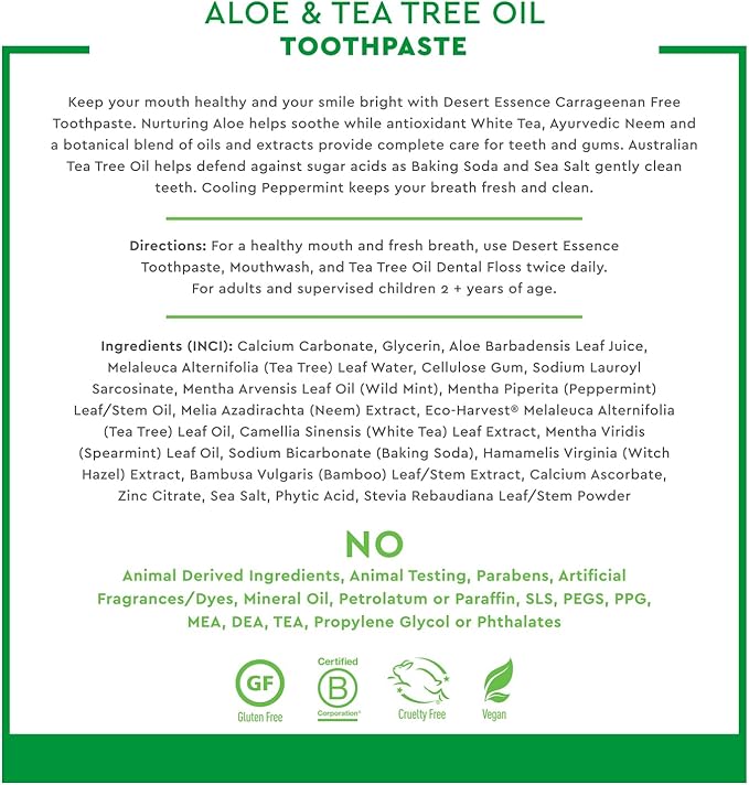DESERT ESSENCE ALOE & TEA TREE OIL PEPPERMINT CARRAGEENAN FREE TOOTHPASTE 176G