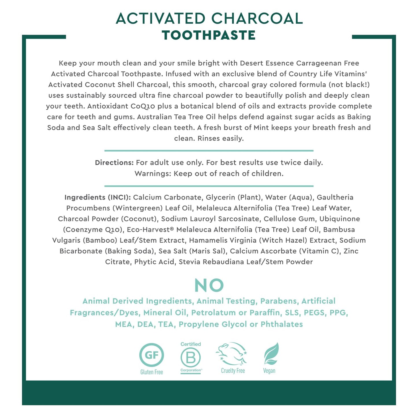 DESERT ESSENCE ACTIVATED CHARCOAL TOOTHPASTE - FRESH MINT 176G