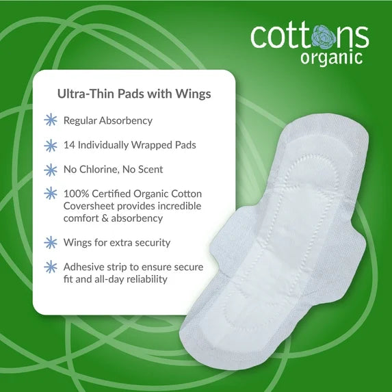 Cottons Organic Regular Ultra Thin Pads with Wings - 14 Pads