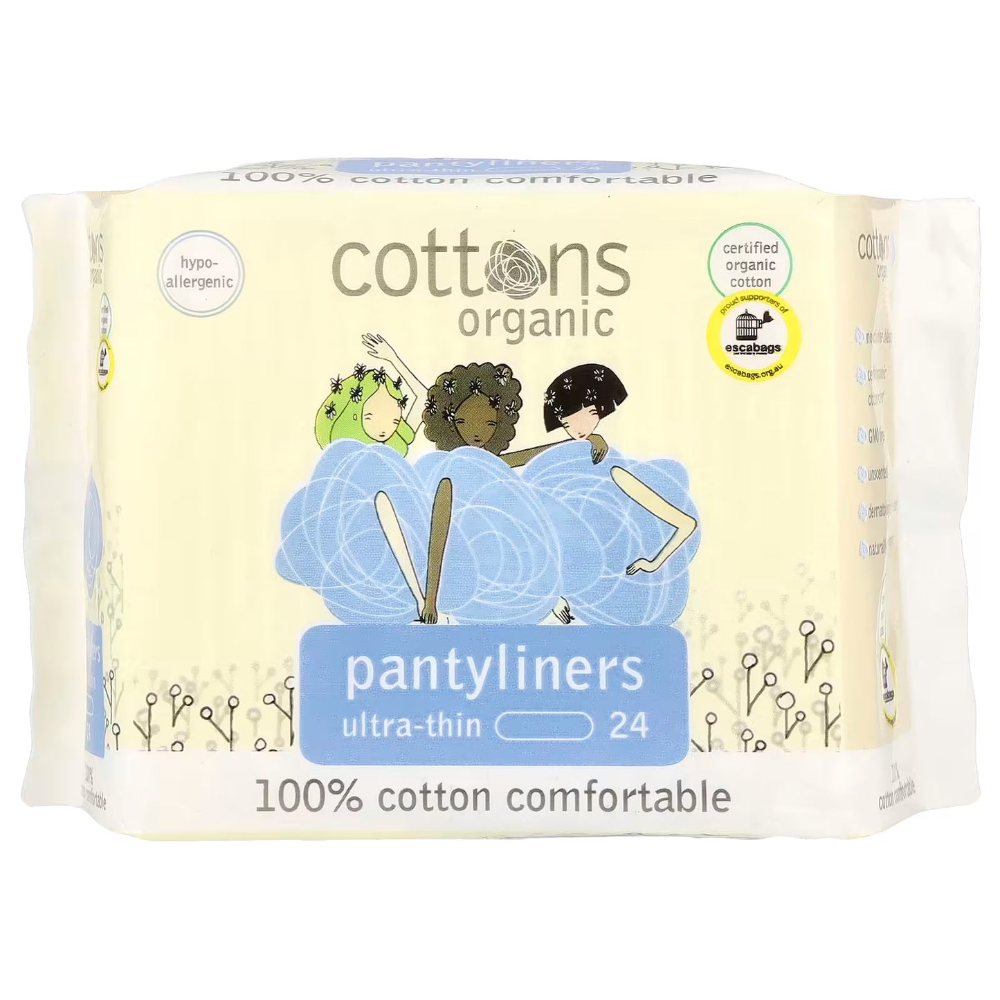 Cottons, 100% Natural Cotton Coversheet, Pantyliners, Ultra-Thin, 24 Liners