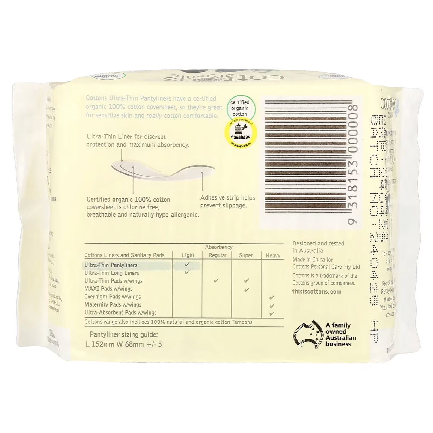 Cottons, 100% Natural Cotton Coversheet, Pantyliners, Ultra-Thin, 24 Liners