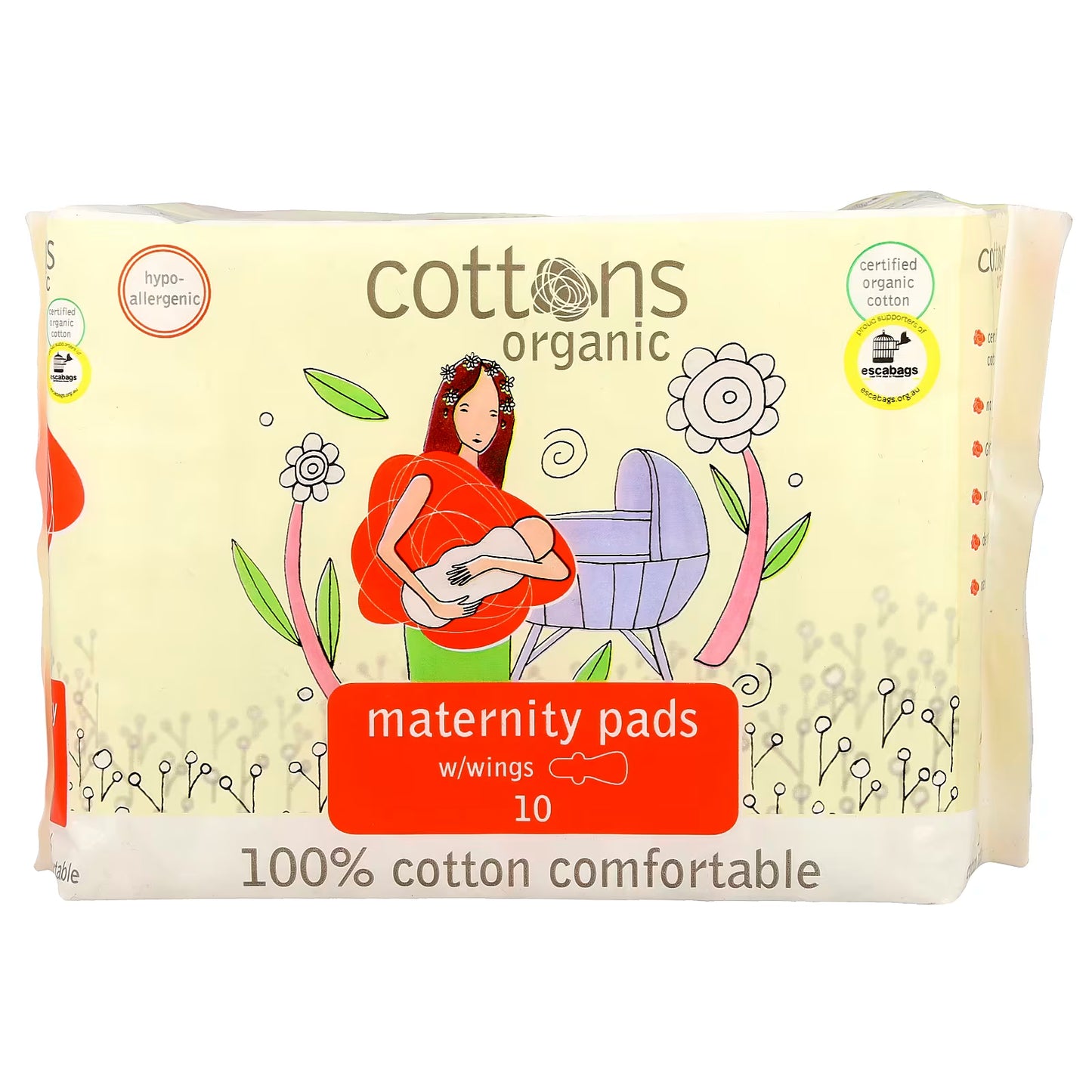 Cottons Organic 100% Natural Cotton Coversheet, Maternity Pads with Wings, Heavy, Unscented - 10 Pads