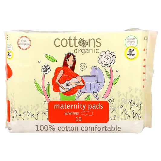 Cottons Organic 100% Natural Cotton Coversheet, Maternity Pads with Wings, Heavy, Unscented, 10 Pads