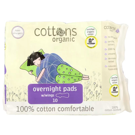 Cottons Organic Super Overnight Pads with Wings - 10 Packs