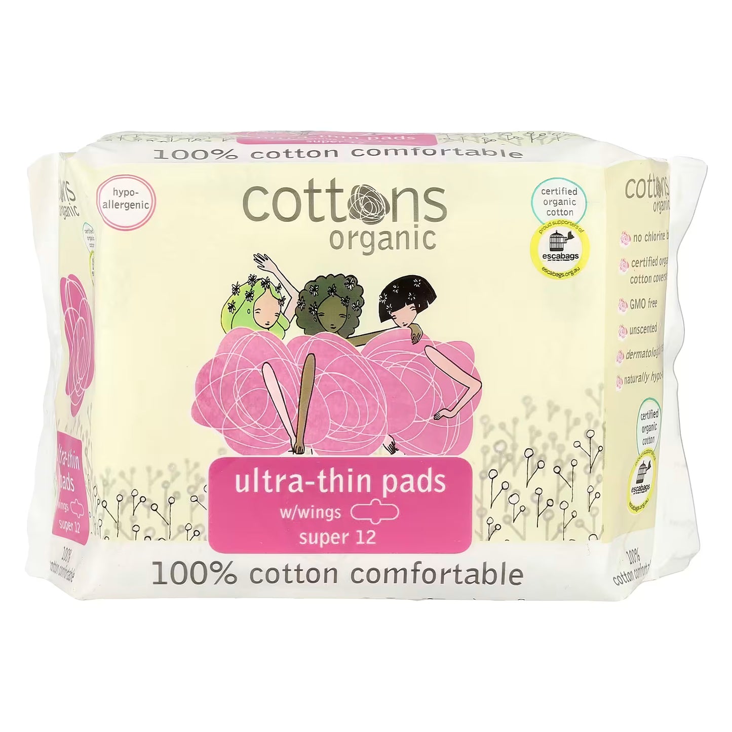 Cottons Organic Super Ultra-Thin Pads with Wings - 12 Pads