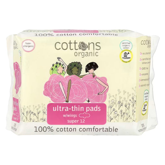Cottons Organic Super Ultra-Thin Pads with Wings - 12 Pads