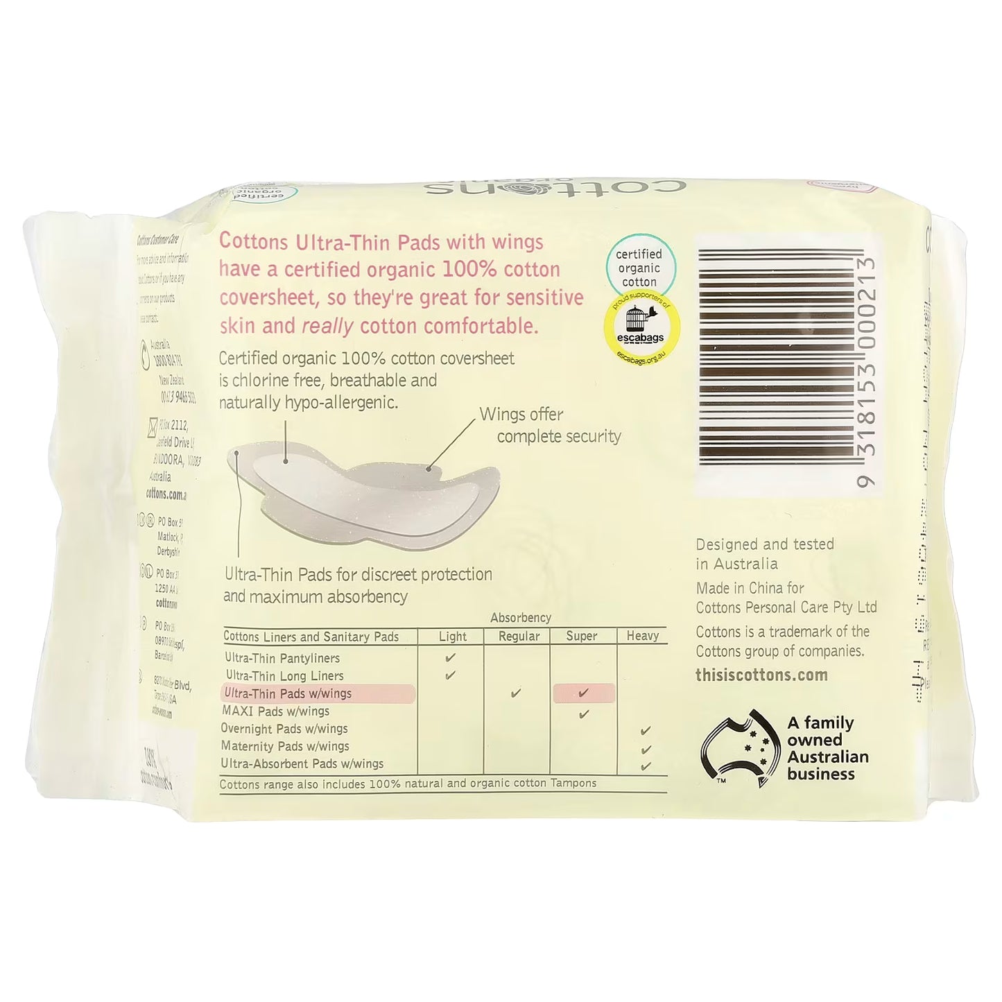 Cottons Organic Super Ultra-Thin Pads with Wings - 12 Pads