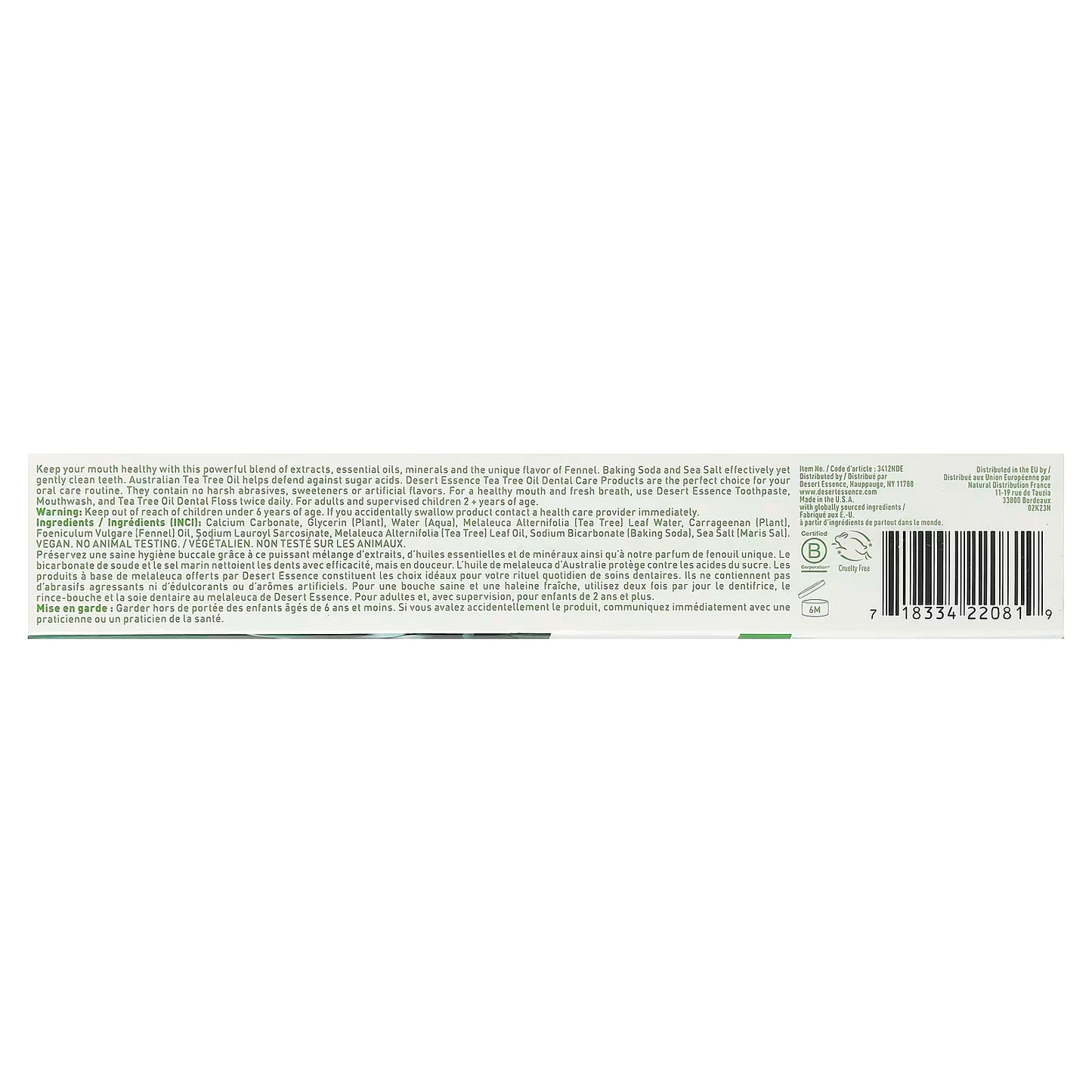 DESERT ESSENCE TEA TREE OIL TOOTHPASTE- FENNEL 176G