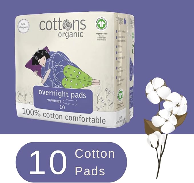 Cottons Organic Super Overnight Pads with Wings - 10 Packs