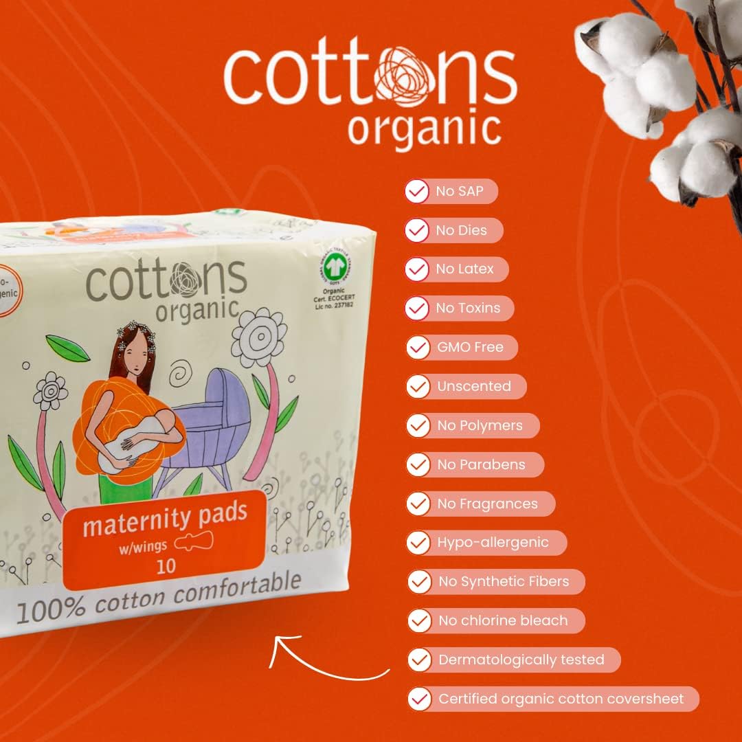 Cottons Organic 100% Natural Cotton Coversheet, Maternity Pads with Wings, Heavy, Unscented - 10 Pads