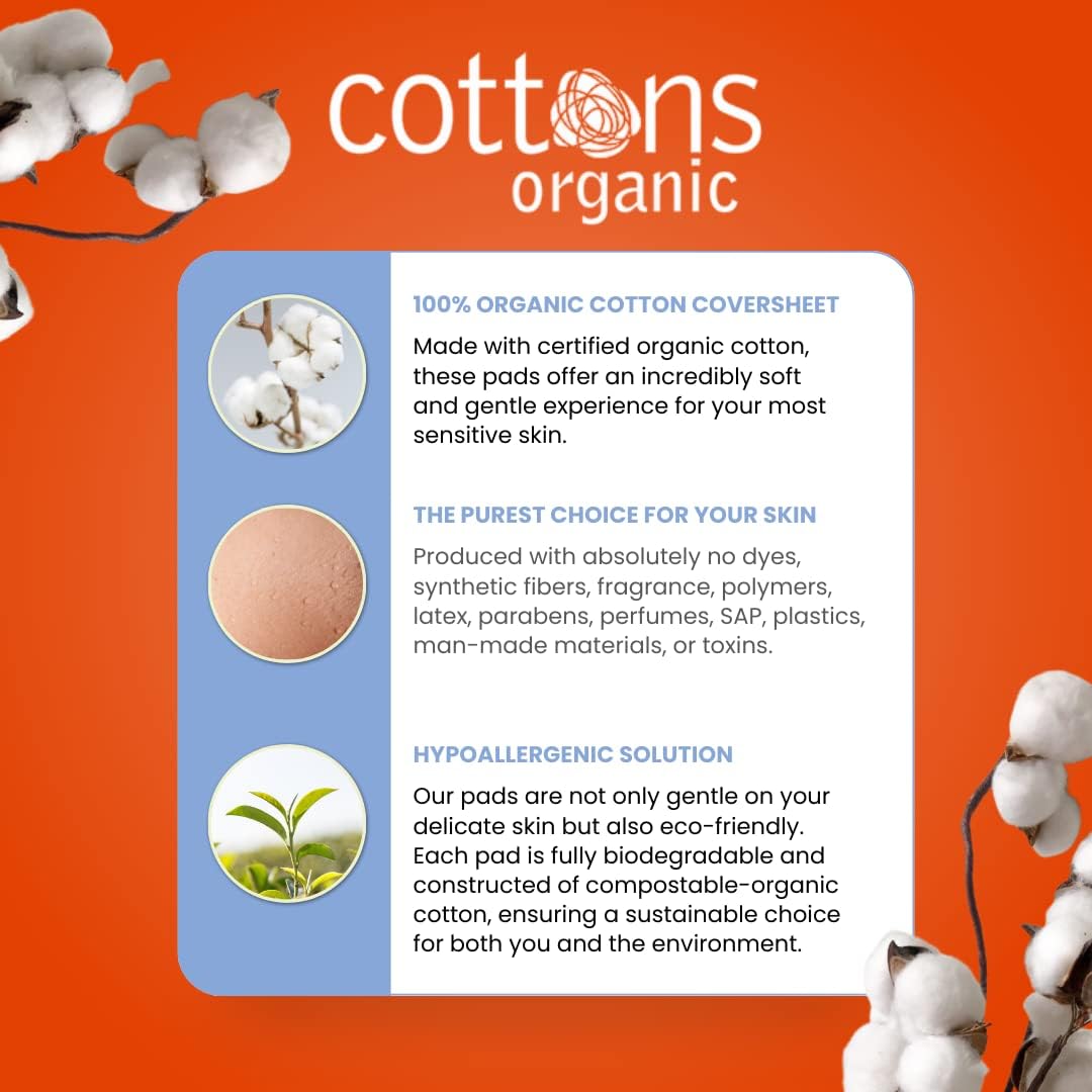 Cottons Organic 100% Natural Cotton Coversheet, Maternity Pads with Wings, Heavy, Unscented - 10 Pads
