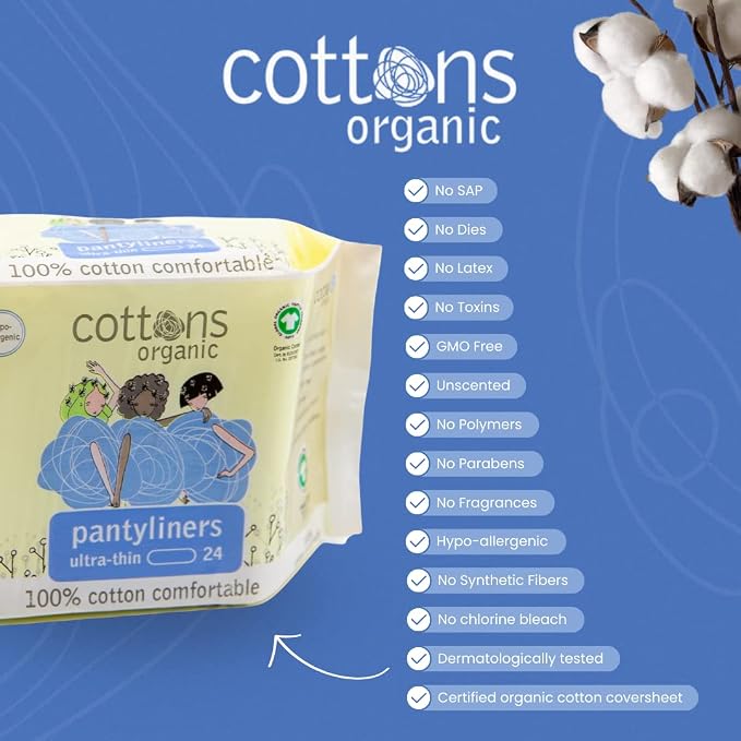 Cottons Organic, 100% Natural Cotton Coversheet, Pantyliners, Ultra-Thin, 24 Liners