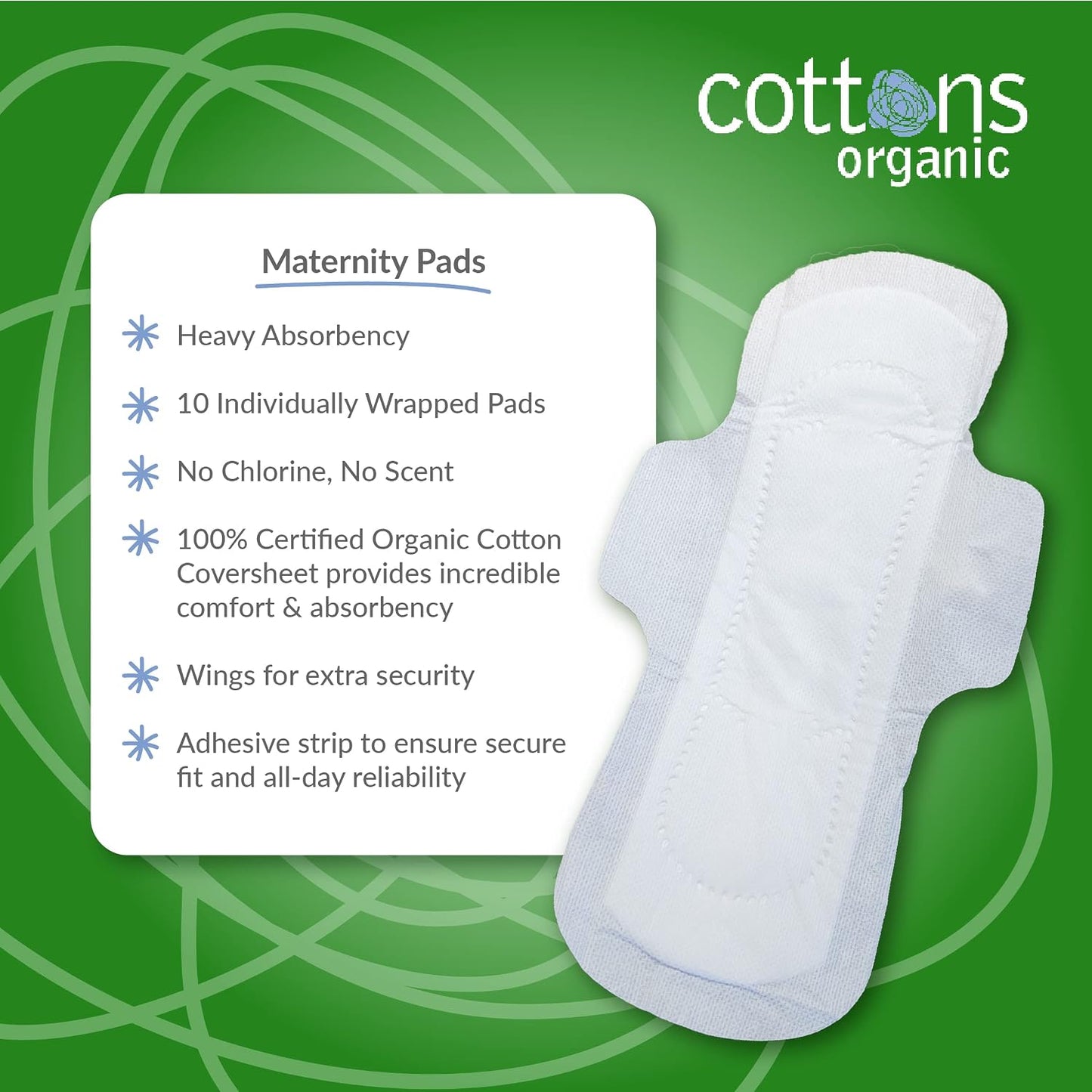 Cottons Organic 100% Natural Cotton Coversheet, Maternity Pads with Wings, Heavy, Unscented - 10 Pads