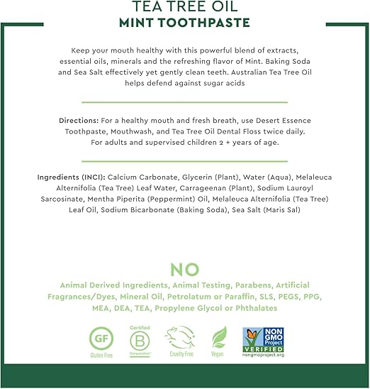 DESERT ESSENCE TEA TREE OIL MINT Fluoride-free Toothpaste 176G