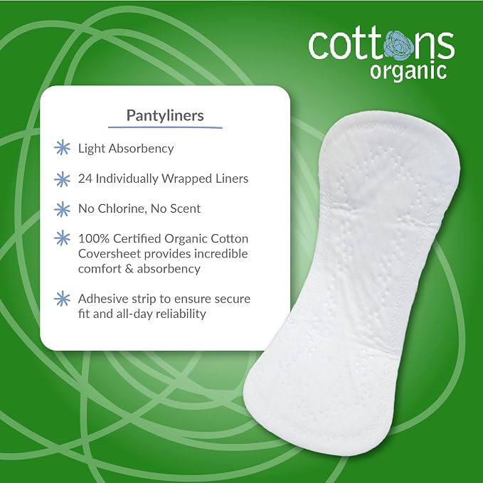 Cottons Organic, 100% Natural Cotton Coversheet, Pantyliners, Ultra-Thin, 24 Liners