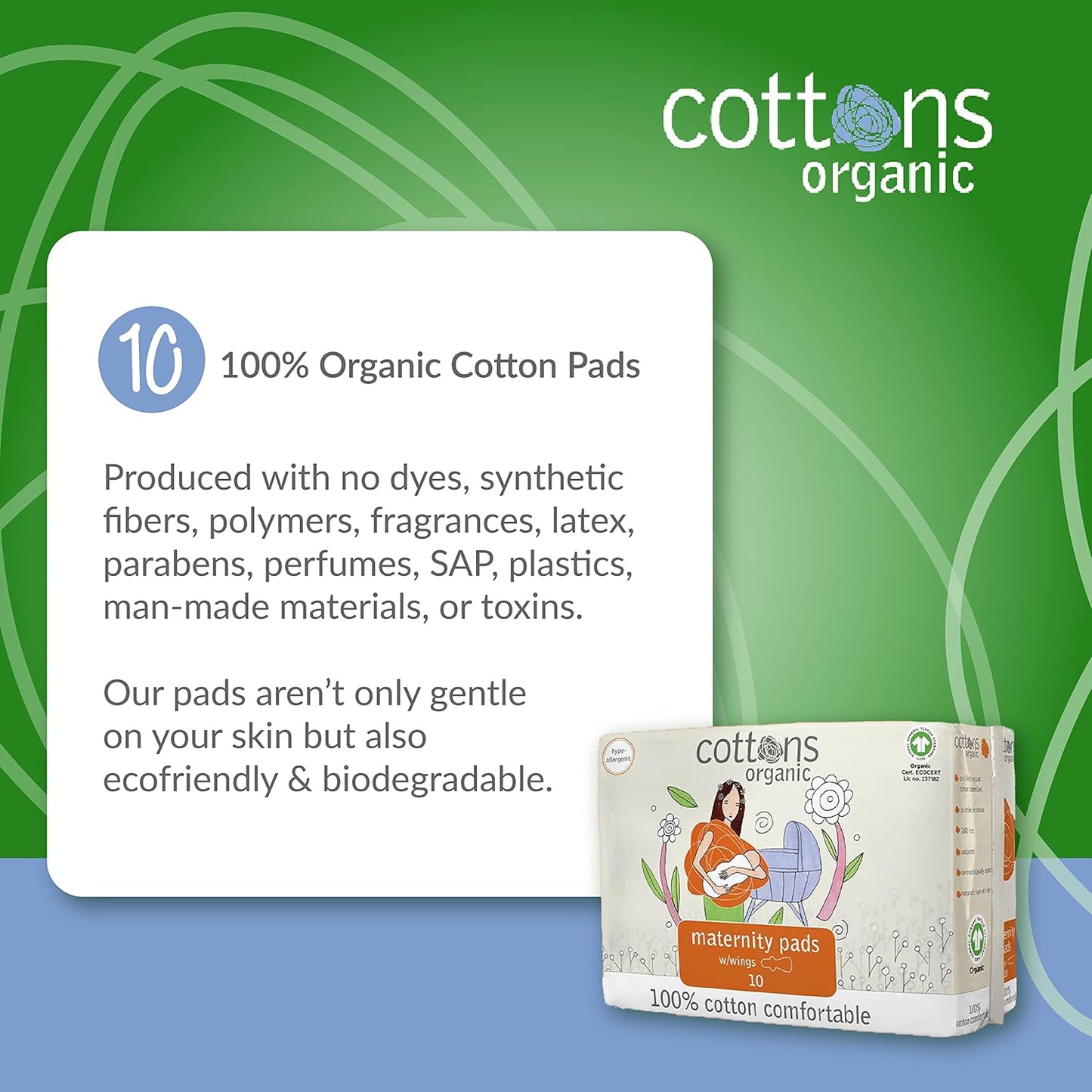 Cottons Organic 100% Natural Cotton Coversheet, Maternity Pads with Wings, Heavy, Unscented - 10 Pads