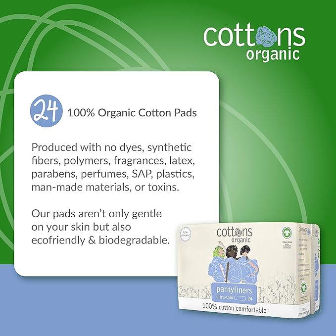Cottons Organic, 100% Natural Cotton Coversheet, Pantyliners, Ultra-Thin, 24 Liners