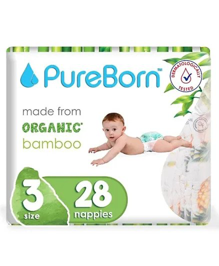 PureBorn Organic/Natural Bamboo Baby Disposable Size 3 Diapers/Nappy Single Pack from 5.5 to 8 Kg 28 Pcs