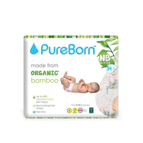 PureBorn Organic/Natural Bamboo Baby Disposable Diapers/Nappy |Single Pack| from 0 to 4.5 Kg | 34 Pcs