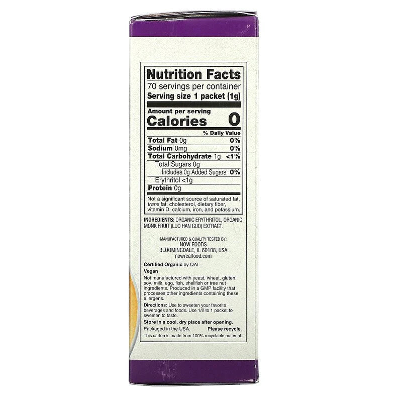 NOW, Organic Monk Fruit Zero-Calorie Sweetener, 70 Packets 70G