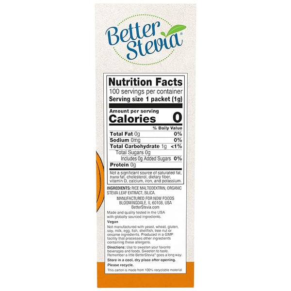 NOW Better Stevia, Zero-Calorie Sweetener, Original, 100 Packets 100G