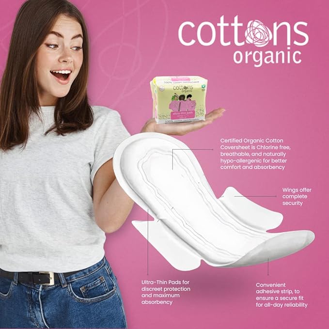Cottons Organic Super Ultra-Thin Pads with Wings - 12 Pads