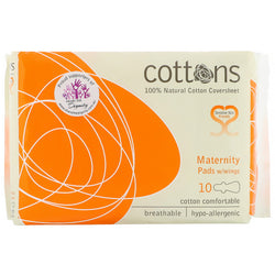 COTTONS 100% Natural Cotton Coversheet, Maternity Pads with Wings, Heavy, Unscented, 10 Pads