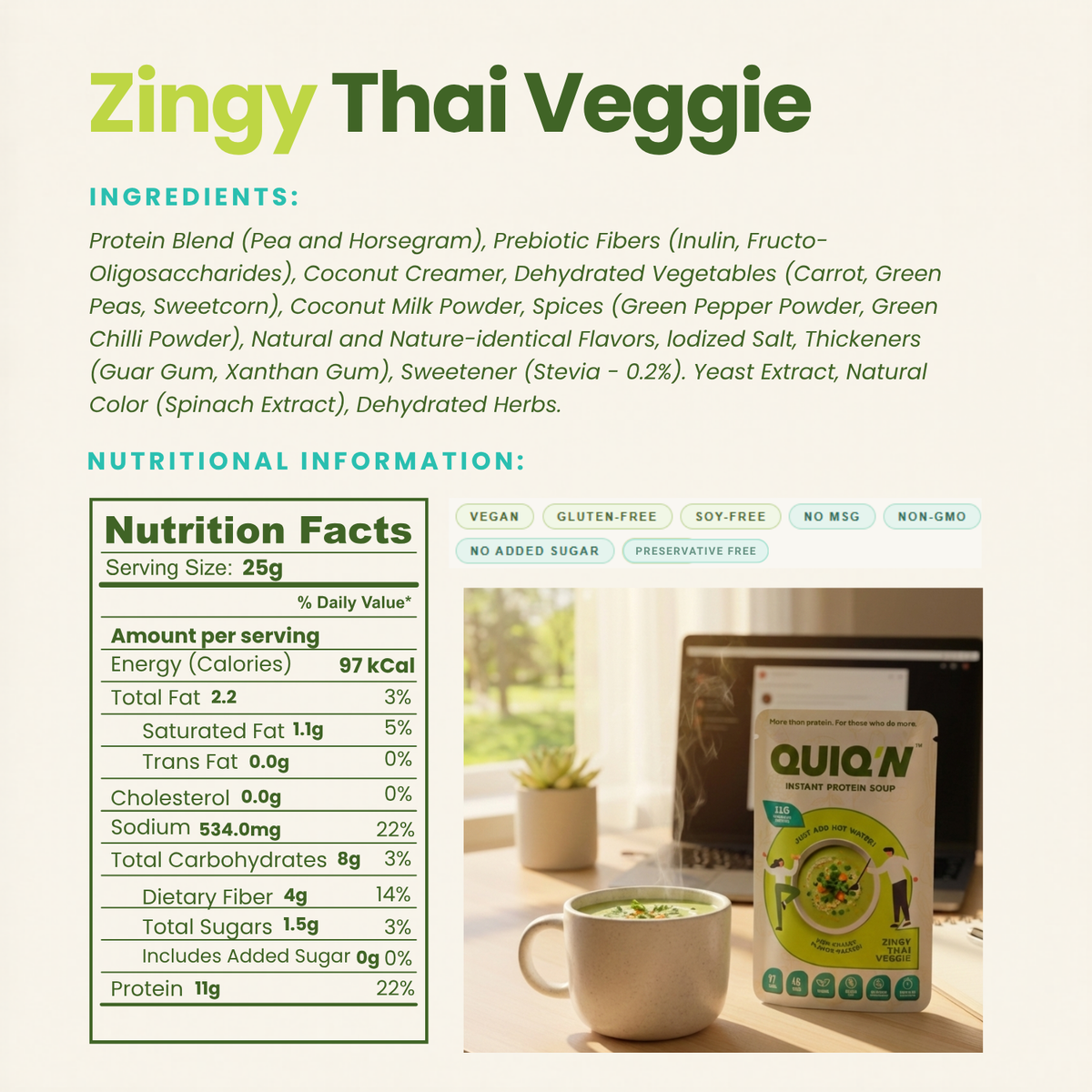 Quiq'N Instant Protein Soup Zingy Thai Veggie 25g