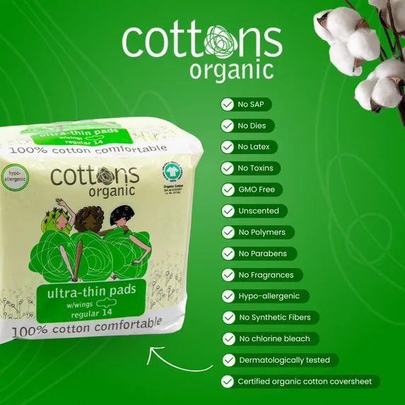 Cottons Organic Regular Ultra Thin Pads with Wings - 14 Pads