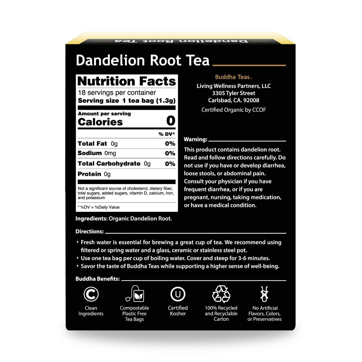 Buddha Teas Dandelion Root Tea Ancient Flavorful Healing Tonic for Optimum Wellness 18 Tea Bags
