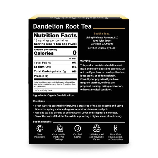 Buddha Teas Dandelion Root Tea Ancient Flavorful Healing Tonic for Optimum Welness 18 Tea Bags