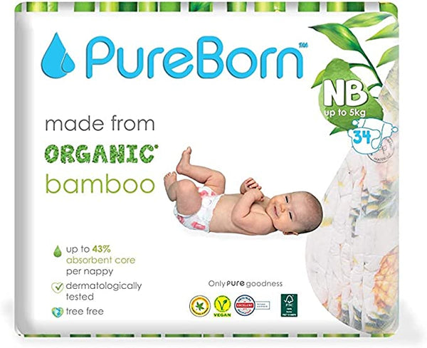 PureBorn Organic/Natural Bamboo Baby Disposable Diapers/Nappy |Single Pack| from 0 to 4.5 Kg | 34 Pcs