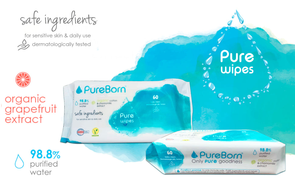 PureBorn Organic/Natural Cotton Pure Baby Water Wipes with Chamomile extract|Suitable for sensitive baby skin & Daily use|Dermatologically tested|Eco Friendly|Travel Pack|8 packs x 10 Wipes|80Pieces