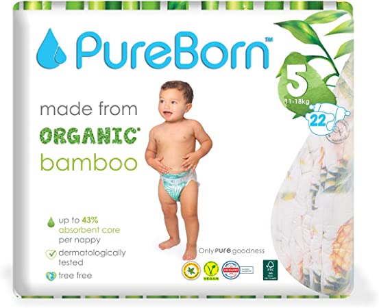 PureBorn Organic/Natural Bamboo Baby Disposable Size 5 Diapers/Nappy |Single Pack| from 11 to 18 Kg | 22 Pcs
