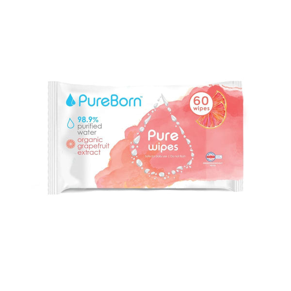 PureBorn Organic/Natural Cotton Pure Baby Water Wipes with Grapefruit extract|Suitable for sensitive baby skin & Daily use|Dermatologically tested|Eco Friendly|Travel Pack|60 Wipes