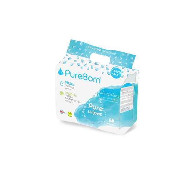 PureBorn Organic/Natural Cotton Pure Baby Water Wipes with Chamomile extract|Suitable for sensitive baby skin & Daily use|Dermatologically tested|Eco Friendly|Travel Pack|8 packs x 10 Wipes|80Pieces